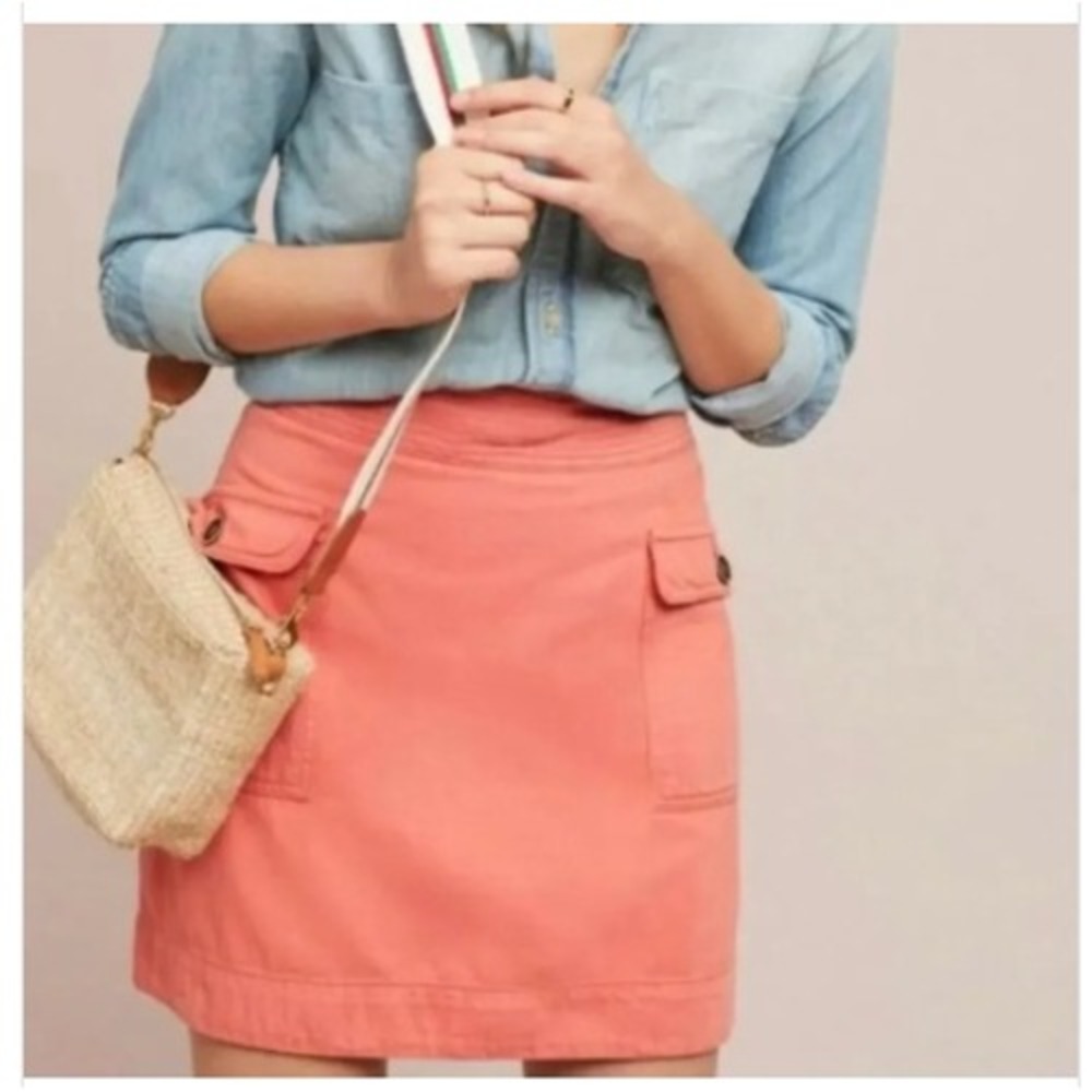 Anthropologie Coral Orange Pink Cotton Linen Cargo Utility Mini Skirt Size 6